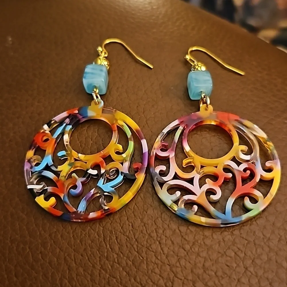 Handmade Colorful Rainbow Mod Swirl Glass Beaded Earrings
